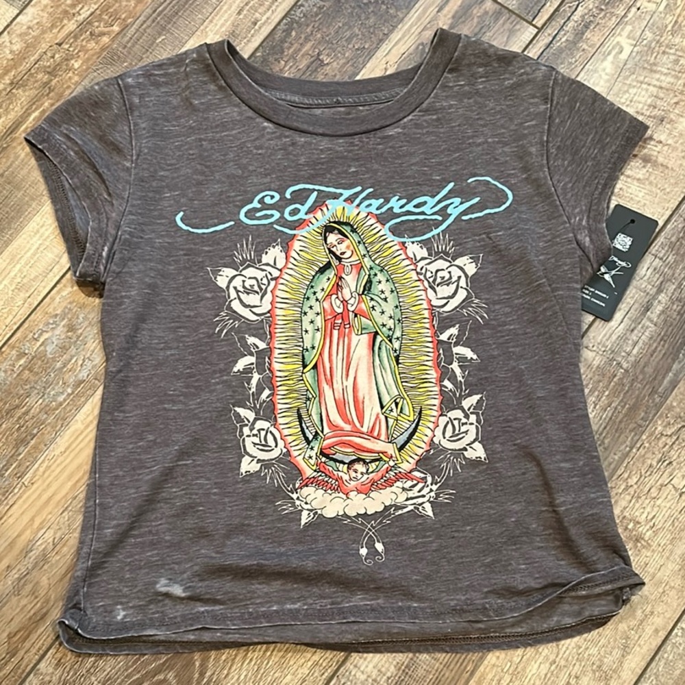 Ed Hardy Gray Crop Top with Artistic Graphic
